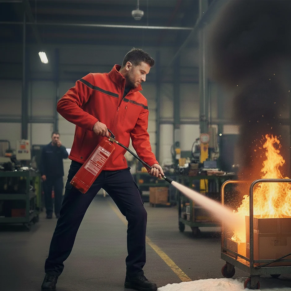 Formation EPI en Ille-et-Vilaine : un salarié s'entraîne à éteindre un feu avec un extincteur.