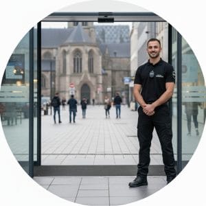 Portrait circulaire d'un agent de sécurité en PC Contrôle, assurant la sécurisation d'un ERP à Rennes.