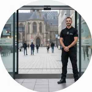 Portrait circulaire d'un agent de sécurité en PC Contrôle, assurant la sécurisation d'un ERP à Rennes.