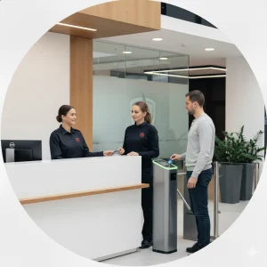 Deux hôtesses d'accueil en uniforme Sigmaxis souriantes assistant un visiteur à un point de contrôle d'accès avec badge dans un hall d'entreprise moderne.