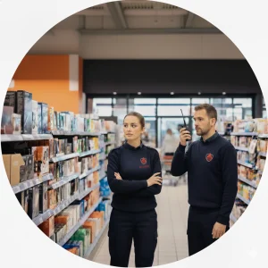 Deux agents de sécurité, homme et femme, en uniforme Sigmaxis, surveillant les allées d'un supermarché, l'homme communiquant par radio.