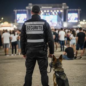 Agent de sécurité cynophile à Rennes de Groupe Sigmaxis, assurant la sécurité événementielle en Bretagne avec chien de garde muselé et gilet professionnel softshell pour protection des personnes et des sites sensibles.