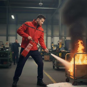 Exercice de formation sécurité incendie (EPI) à Rennes : intervention sur feu avec extincteur.