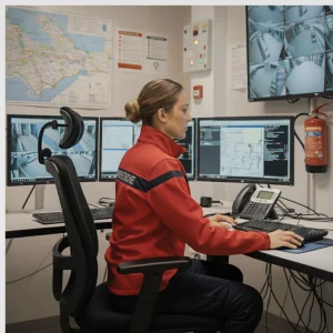 Agent de sécurité incendie (SSIAP) au PC de sécurité, surveillant les écrans de vidéosurveillance et les plans de sécurité.