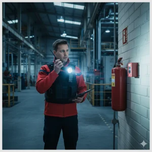 Agent SSIAP 1 effectuant une ronde de sécurité incendie à Rennes.