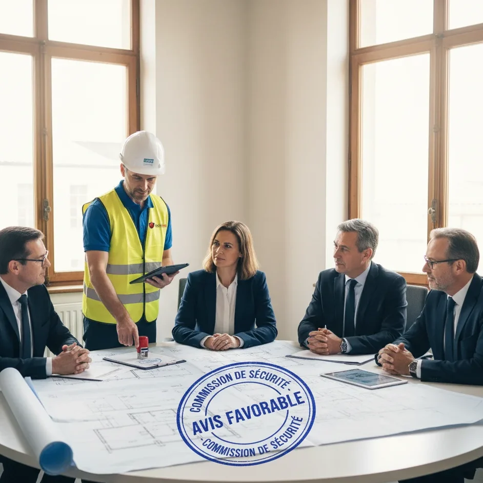 Expert Sigmaxis présentant les plans devant la commission de sécurité et l'exploitant de l'ERP, pour un avis favorable à Rennes.