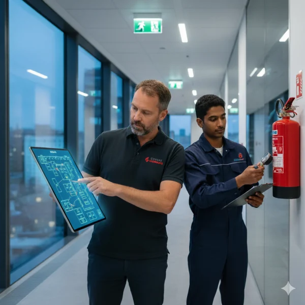 Techniciens de l'équipe Ingénierie Incendie du Groupe Sigmaxis réalisant l'audit de conformité et la vérification des équipements de sécurité incendie dans un ERP en Bretagne.