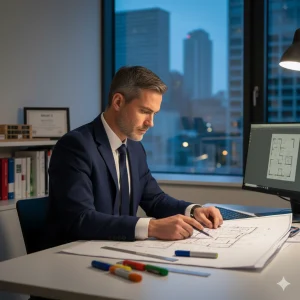 Expert SSIAP 3 en costume travaillant sur l'étude d'un plan architectural et de conformité sécurité incendie.