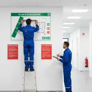 Pose d'un plan d'évacuation et d'intervention conforme à la norme NF X08-070 par le bureau d'expertise Sigmaxis à Rennes (35).