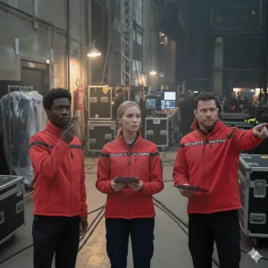 Équipe de trois agents de sécurité incendie (SSIAP) en intervention ou prévention sur un site événementiel ou industriel.