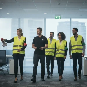 Exercice d'évacuation (Guide-file et Serre-file) lors d'une formation EPI à Rennes, montrant des salariés suivant le signal de sortie de secours.