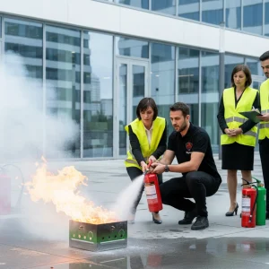 Exercice pratique de formation EPI à Rennes : un salarié utilise un extincteur sur un feu réel (bac à feu) sous supervision.