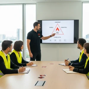 Formateur Sigmaxis expliquant le triangle du feu et les classes de feu lors de la partie théorique de la formation EPI à Rennes.