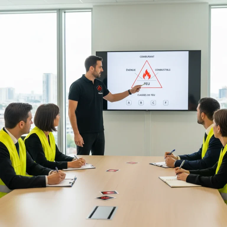 Formateur Sigmaxis expliquant le triangle du feu et les classes de feu lors de la partie théorique de la formation EPI à Rennes.