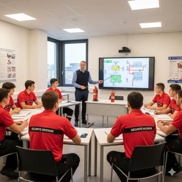 Session de formation SSIAP (Sécurité Incendie et Assistance aux Personnes) animée par un expert Sigmaxis pour des stagiaires en Ille-et-Vilaine