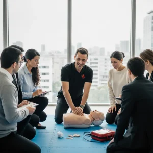 Exercice pratique de formation SST à Rennes : un formateur Sigmaxis démontre la réanimation cardio-pulmonaire (massage cardiaque) sur un mannequin, avec un défibrillateur (DAE).