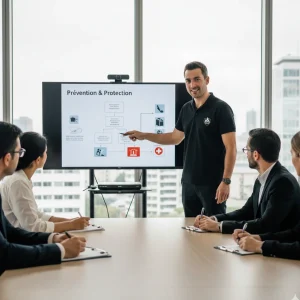 Formateur Sigmaxis (expert SST) animant la partie théorique sur la prévention des risques et la protection lors d'une formation SST à Rennes.