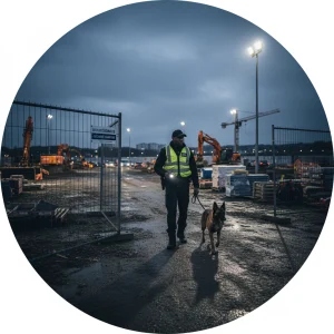 Agent de sécurité effectuant une ronde de nuit sur chantier en Ille-et-Vilaine, gardiennage 24/7.