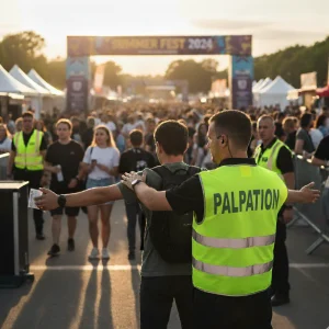 Agents de sécurité Groupe Sigmaxis effectuant une palpation de sécurité à l'entrée d'un événement à Rennes tout en gérant la foule.