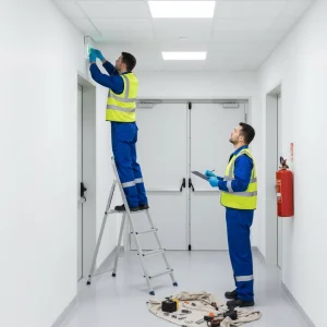 Installation et vérification d'un BAES (Bloc Autonome d'Éclairage de Sécurité) par un expert Sigmaxis dans un ERP en Ille-et-Vilaine.