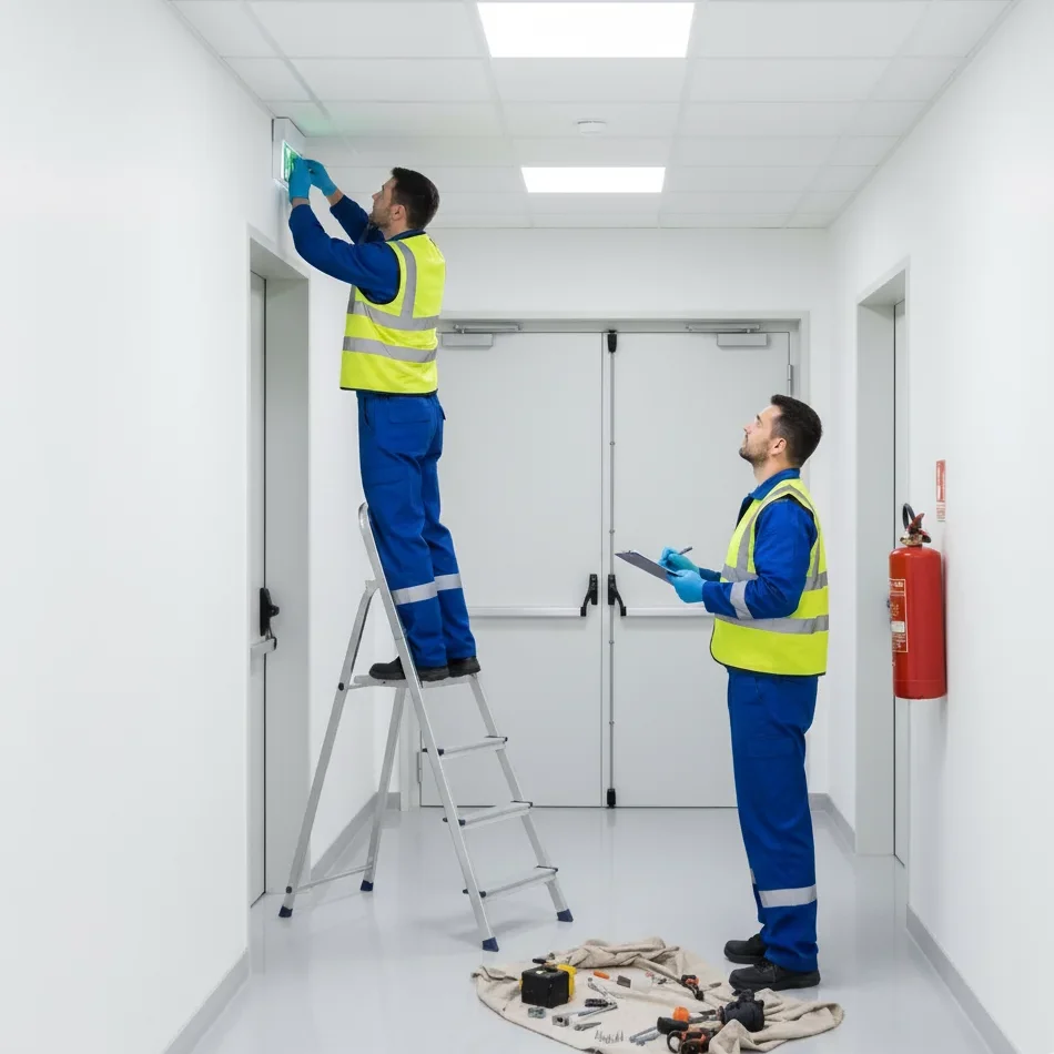 Installation et vérification d'un BAES (bloc autonome d'éclairage de sécurité) dans un ERP en Ille-et-Vilaine.