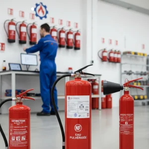 Technicien procédant à l'installation d'extincteurs à Rennes