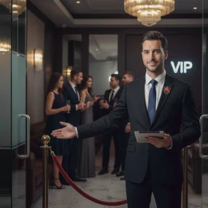 Agent de sécurité Sigmaxis filtrant zone VIP avec logo sur cravate, protection événementielle, sécurité loges, scène, personnel qualifié.