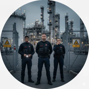 Trois agents de sécurité Sigmaxis (deux hommes, une femme) en uniforme tactique devant un site industriel complexe (raffinerie ou usine chimique), avec des panneaux d'avertissement SEVESO et ICPE.