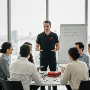 Session de recyclage (MAC) SST à Rennes : un formateur Sigmaxis anime une discussion de groupe avec des salariés sur le maintien de leurs compétences de secouriste.