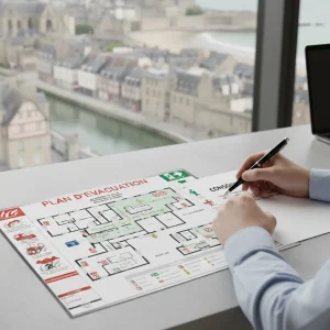 Expert Sigmaxis rédigeant des consignes de sécurité et un plan d'évacuation pour une entreprise à Rennes, Ille-et-Vilaine.