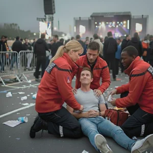 Équipe mixte d'agents de sécurité événementielle Sigmaxis (formés SST et SSIAP) en veste rouge secourant un jeune homme lors d'un concert à Rennes (Ille-et-Vilaine).