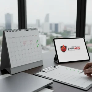 Service de tenue et suivi annuel délégué du registre de sécurité en Bretagne, montrant un calendrier de vérifications périodiques.