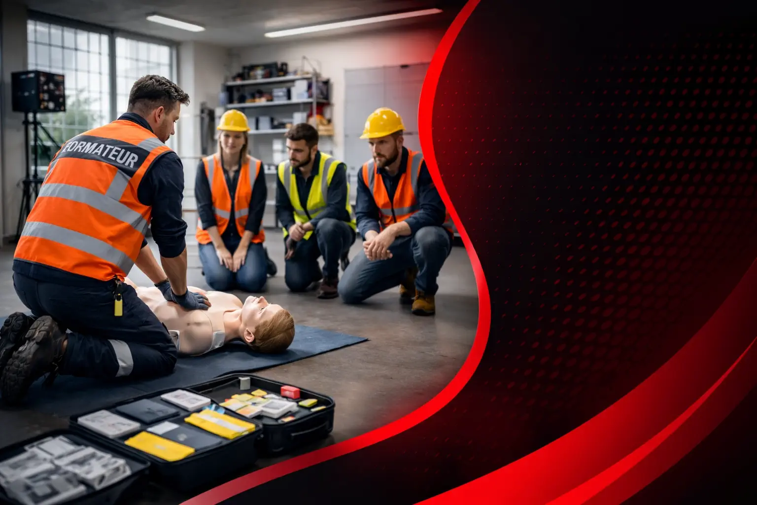 Formateur Sigmaxis enseignant les gestes de premiers secours (SST) sur mannequin dans le centre de formation sécurité de Cesson-Sévigné, près de Rennes