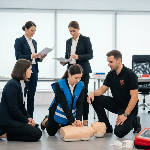 Stagiaire en formation SST à Rennes apprenant les gestes de premiers secours (massage cardiaque et défibrillateur) sur un mannequin, supervisé par un formateur Sigmaxis.