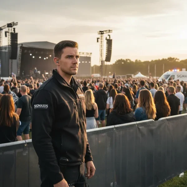 Agent de sécurité privée en gilet tactique assurant le gardiennage et la surveillance des foules lors d'un concert ou d'un grand événement à Rennes.